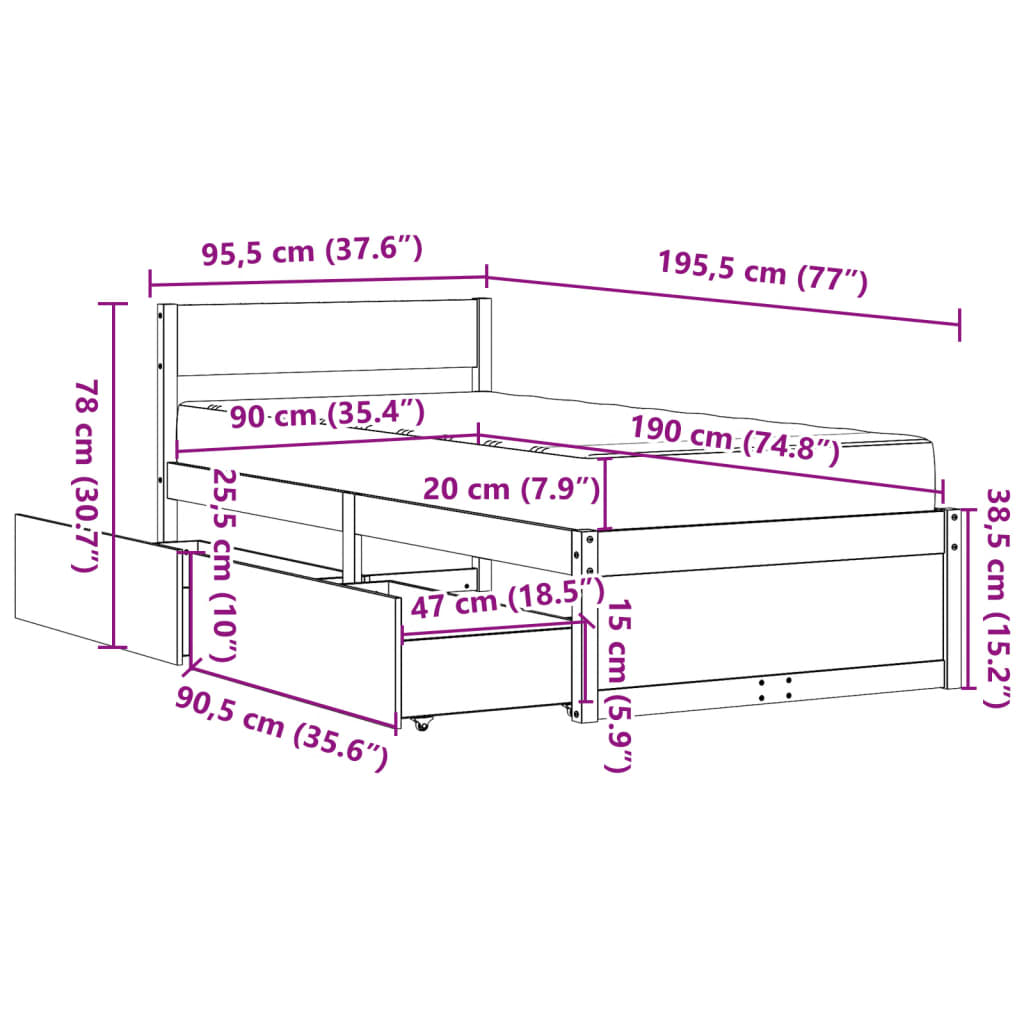 vidaXL Posteľ so zásuvkami a matracom biela 90x190cm masívna borovica