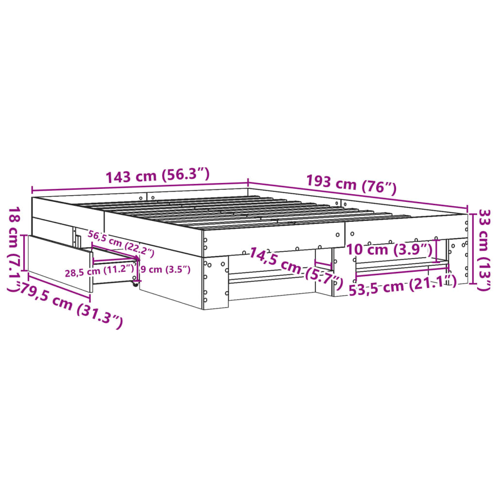 vidaXL Posteľný rám betónový sivý 140x190 cm borovicový masív