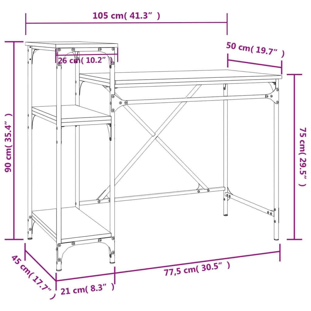 vidaXL Stôl s policami dub sonoma 105x50x90 cm spracované drevo železo