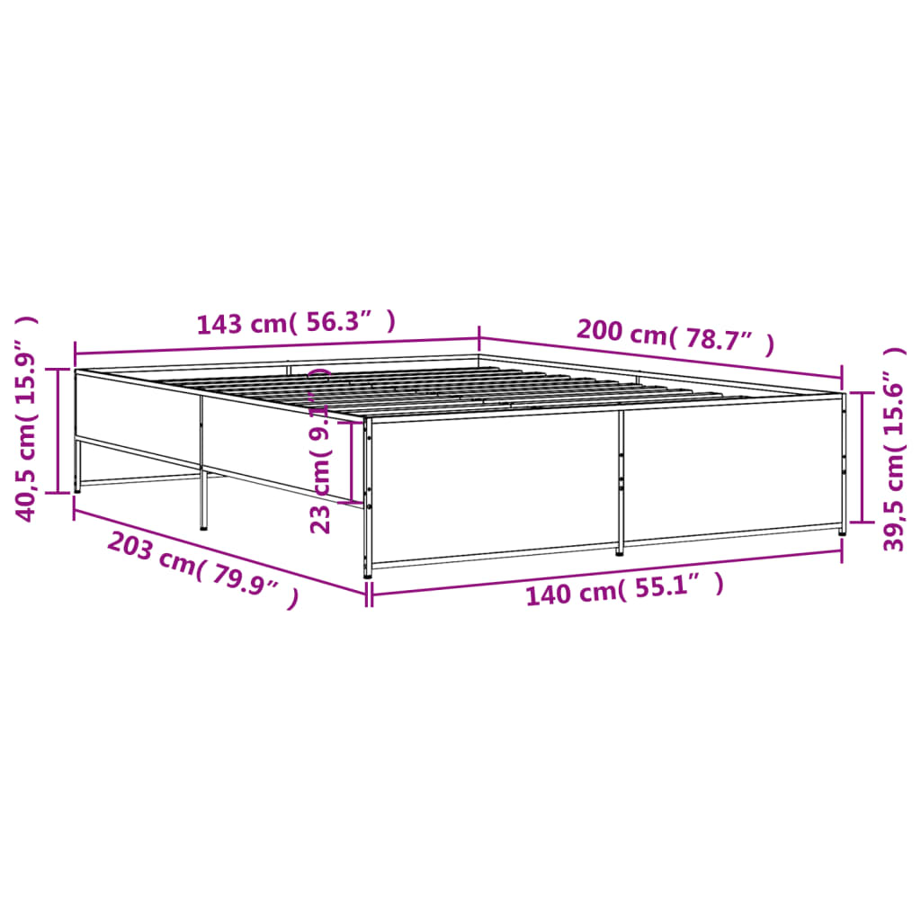 vidaXL Posteľný rám dymový dub 140x200 cm kompozitné drevo a kov