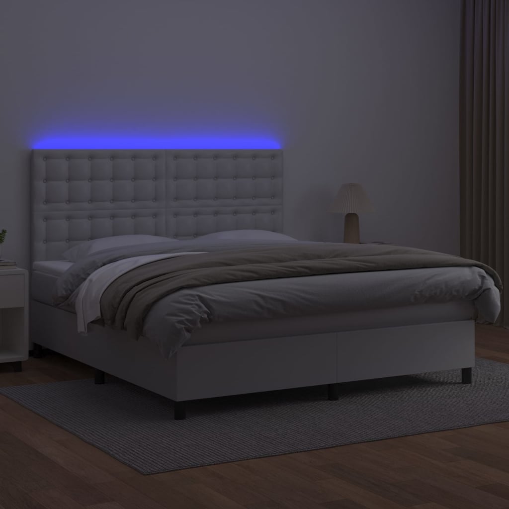 vidaXL Boxspring posteľ s matracom a LED biela 180x200 cm umelá koža