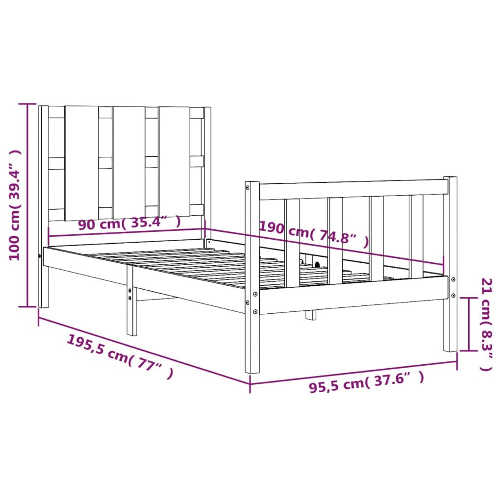 vidaXL Rám postele s čelom biely 90x190 cm masívne drevo