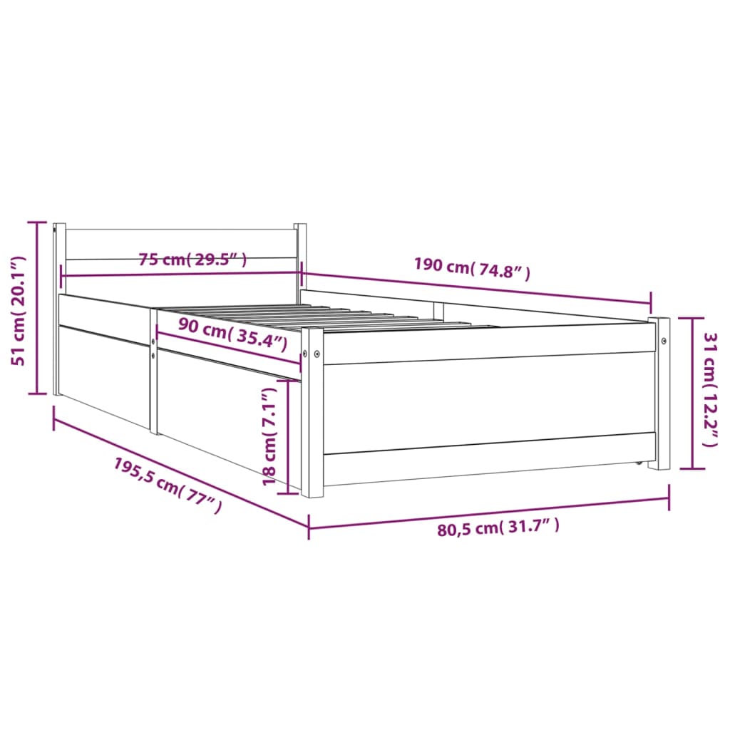 vidaXL Rám postele so zásuvkami biely 75x190 cm malé jednolôžko