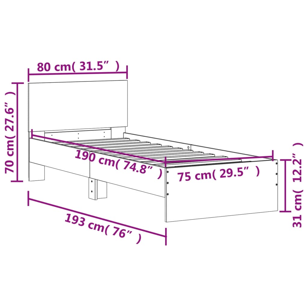 vidaXL Posteľný rám s čelom a LED svetlami hnedý dub 75x190 cm