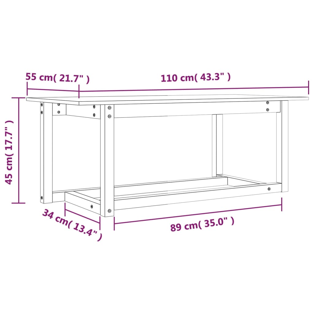 vidaXL Konferenčný stolík sivý 110x55x45 cm borovicový masív