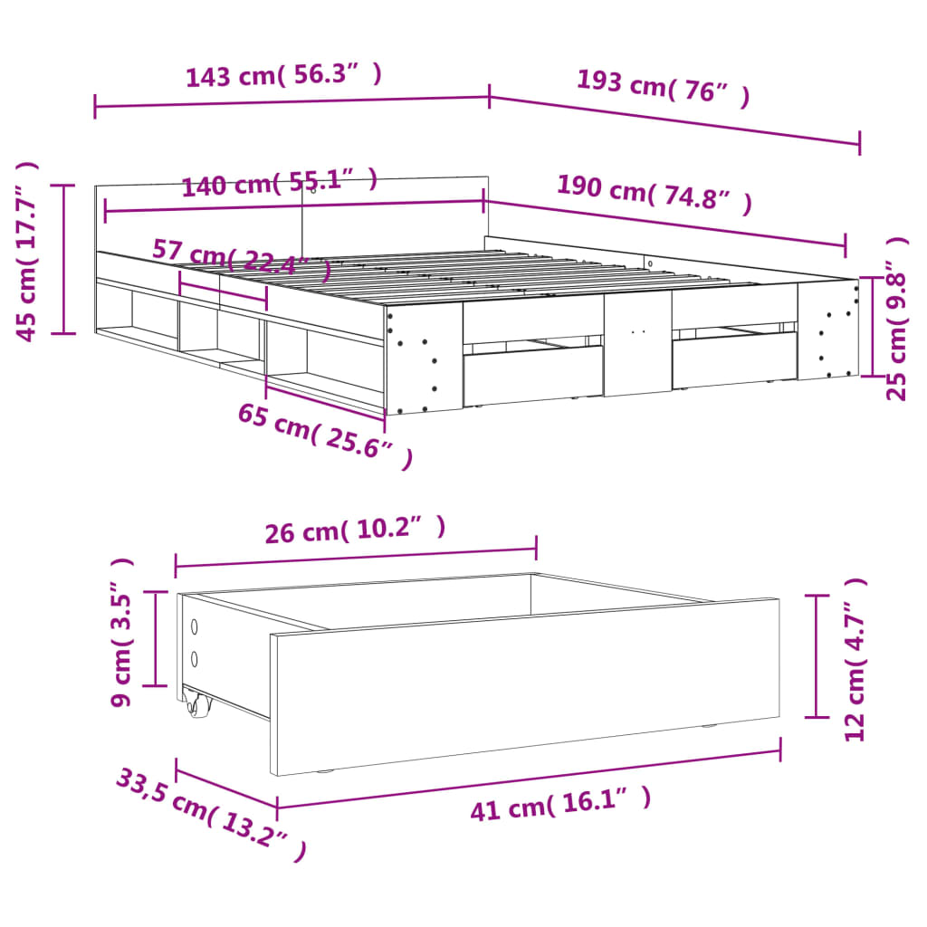 vidaXL Posteľný rám so zásuvkami dymový dub 140x190cm kompozitné drevo