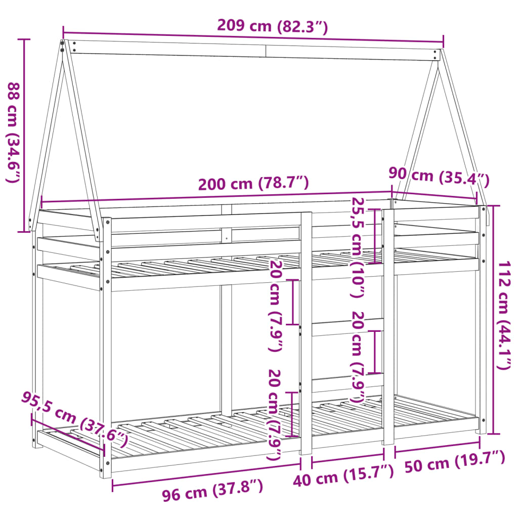 vidaXL Poschodová posteľ so strechou voskovohnedá 90x200 cm borovica