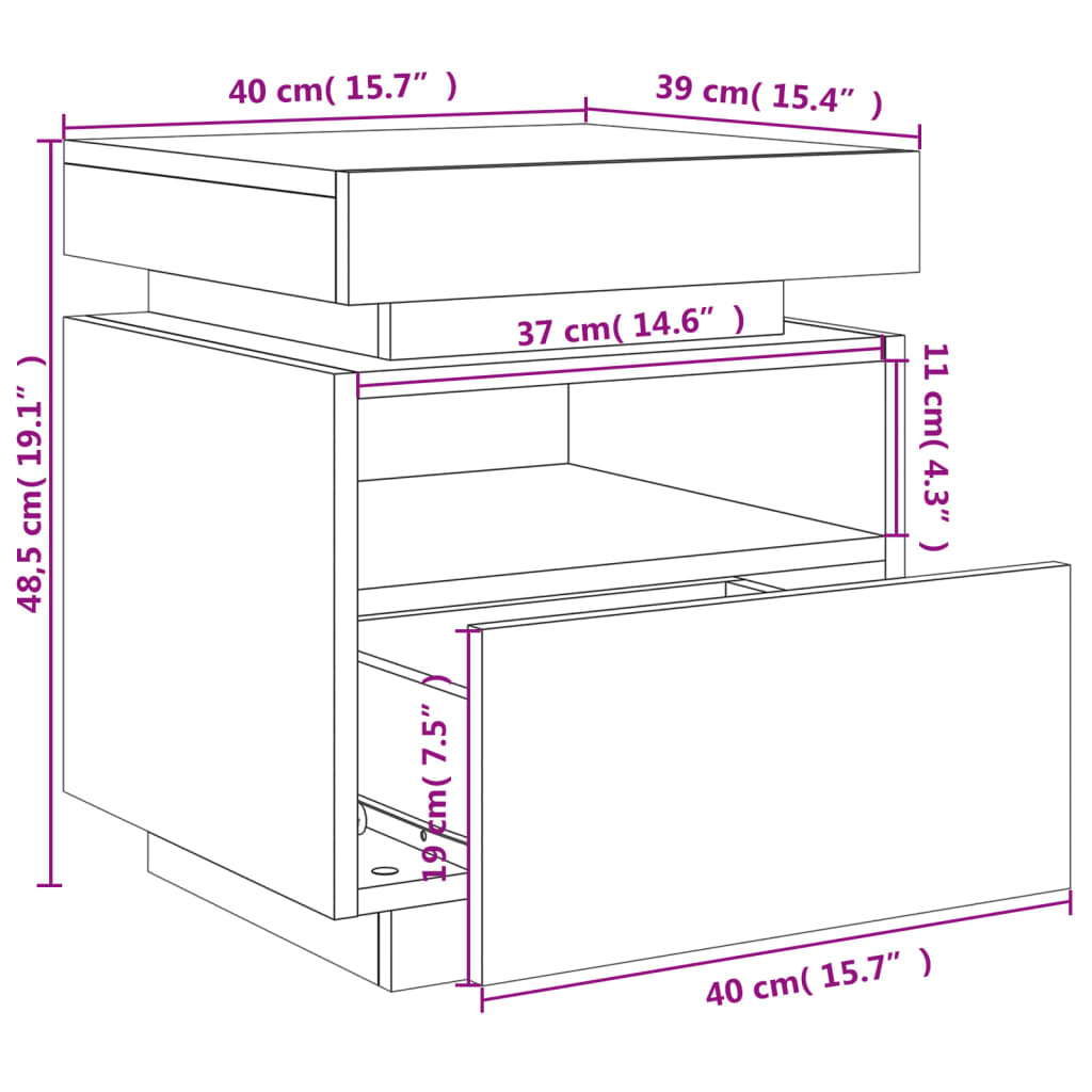 vidaXL Nočný stolík s LED svetlami dymový dub 40x39x48,5 cm