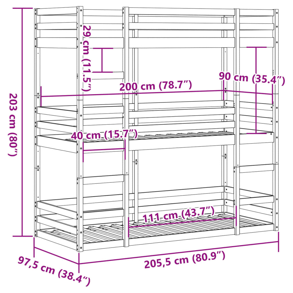 vidaXL Trojitá poschodová posteľ voskovohnedá 90x200 cm borovic. masív