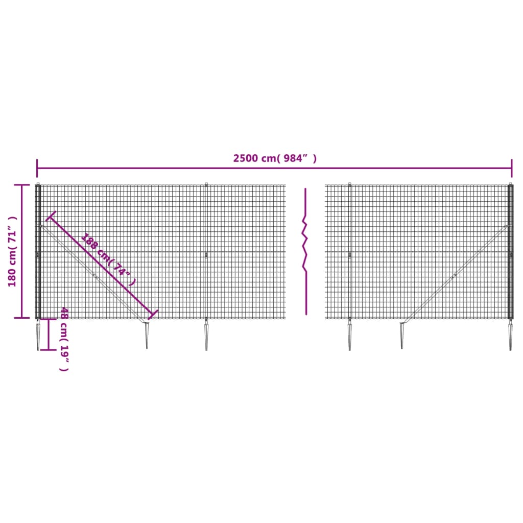 vidaXL Drôtený plot s kotviacimi hrotmi antracitový 1,8x25 m