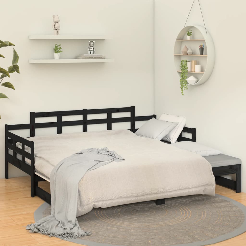 vidaXL Rozkladacia denná posteľ čierna borovicový masív 2x(80x200) cm