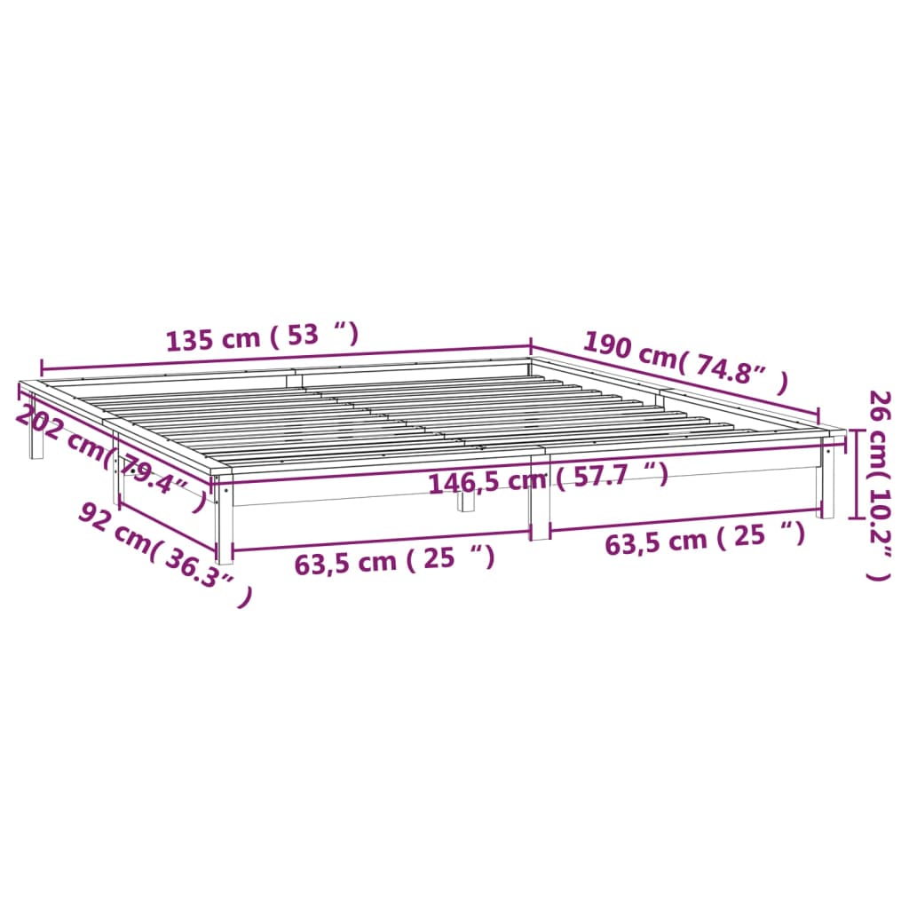 vidaXL Posteľný rám LED čierny 135x190 cm 4FT6 dvojlôžko masívne drevo