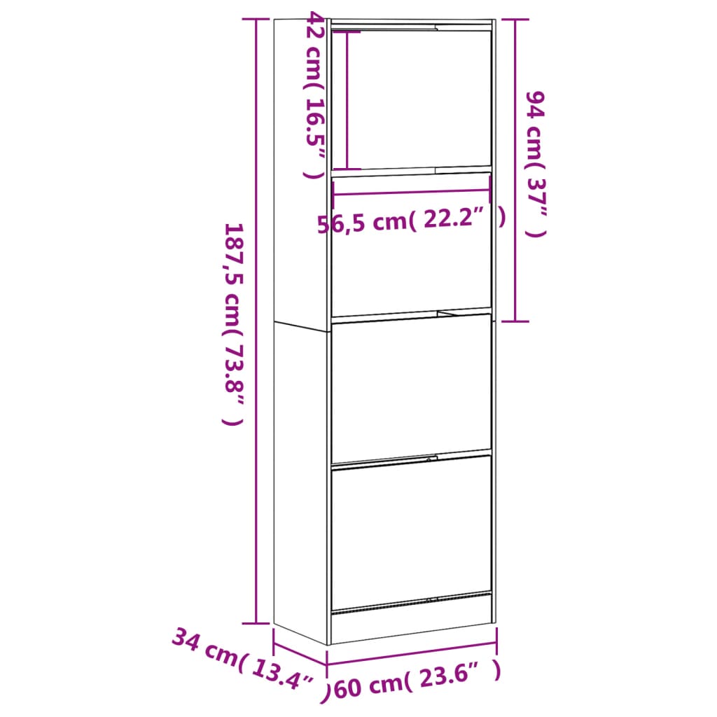 vidaXL Botník so 4 výklopnými zásuvkami čierny 60x34x187,5 cm