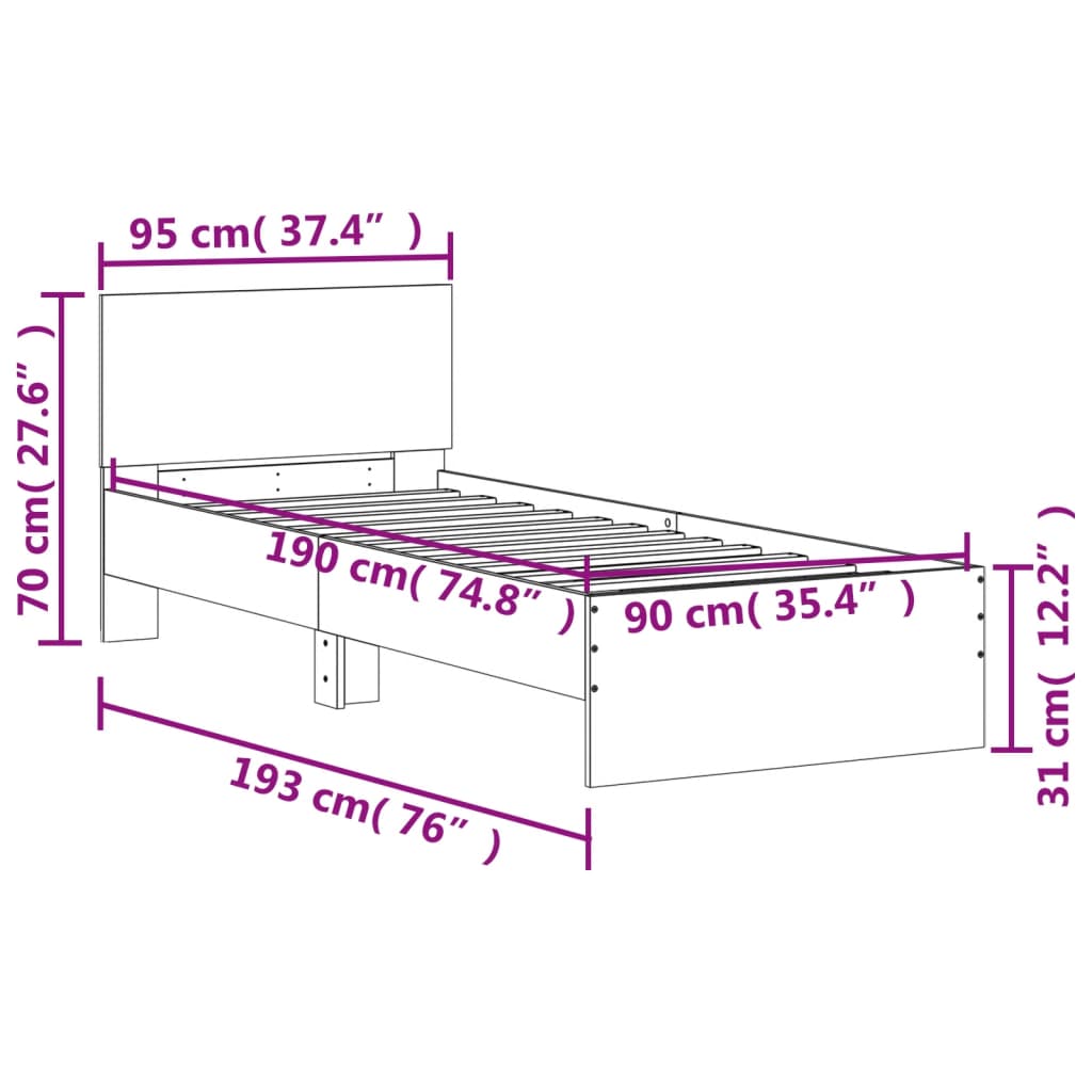 vidaXL Posteľný rám s čelom biely 90x190 cm kompozitné drevo