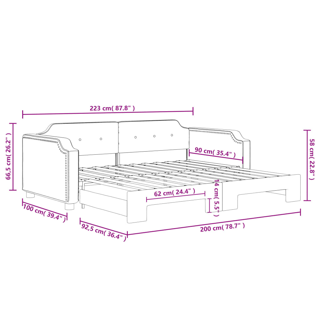 vidaXL Denná posteľ s rozkladacou posteľou čierna 90x200 cm látka