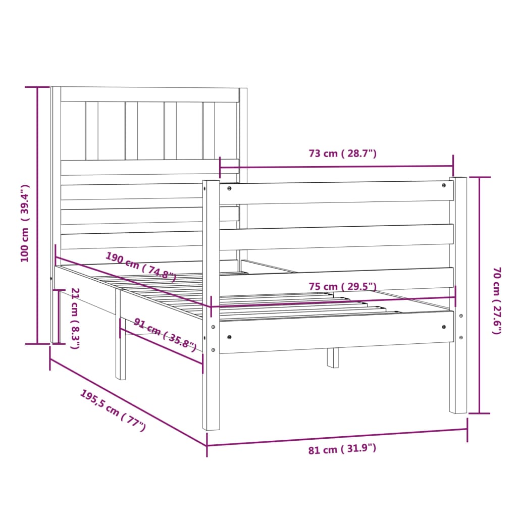 vidaXL Posteľný rám borovicový masív 75x190 cm malé jednolôžko