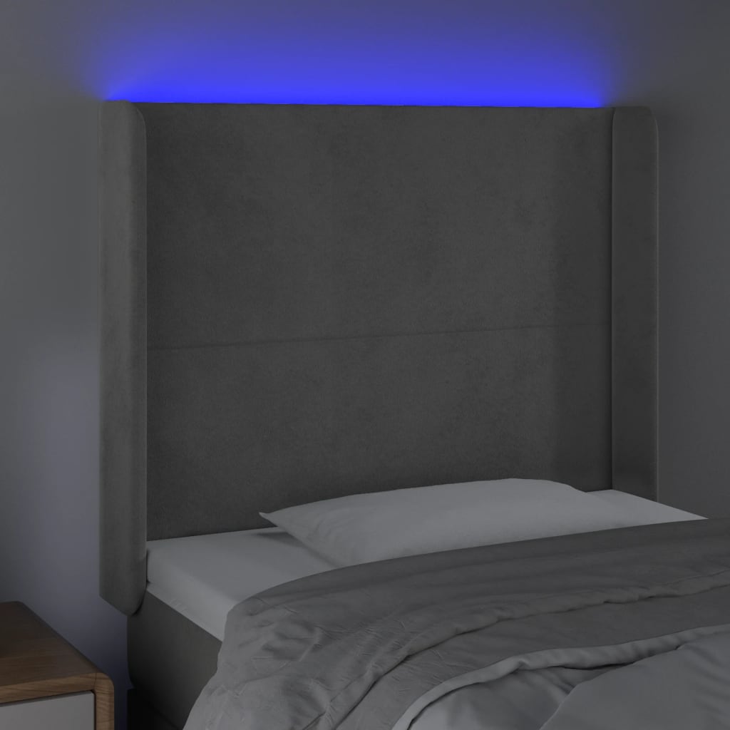 vidaXL Čelo postele s LED bledosivé 93x16x118/128 cm zamat
