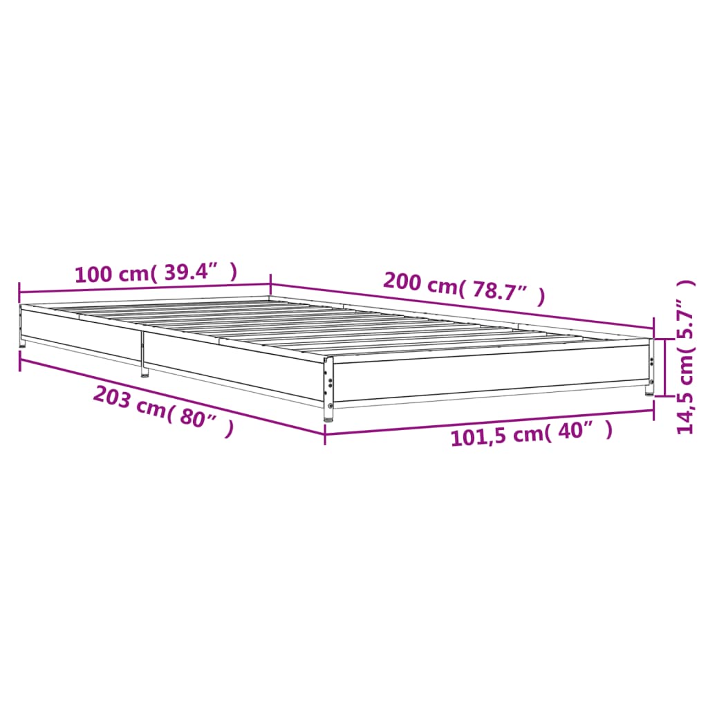 vidaXL Posteľný rám dub sonoma 100x200 cm kompozitné drevo a kov