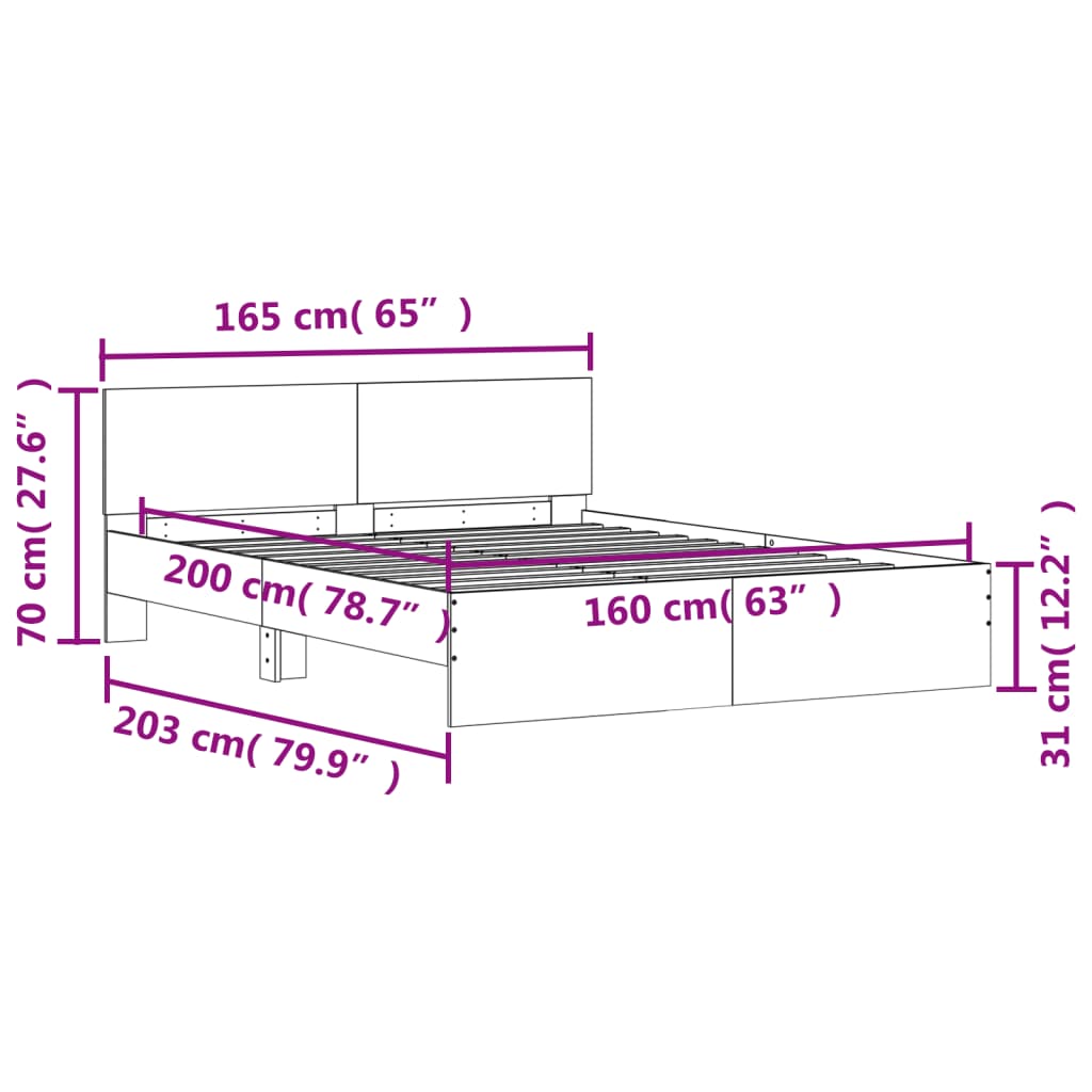 vidaXL Posteľný rám s čelom a LED hnedý dub 160x200 cm