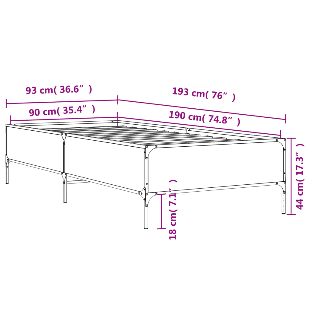 vidaXL Posteľný rám sivý sonoma 90x190 cm kompozitné drevo a kov