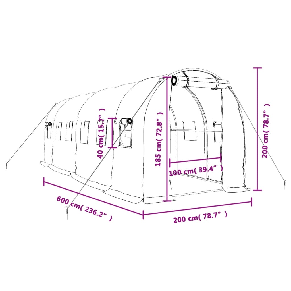 vidaXL Fóliovník s oceľovým rámom biely 12 m² 6x2x2 m