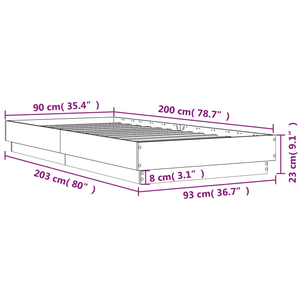 vidaXL Posteľný rám s LED svetlami biely 90x200 cm