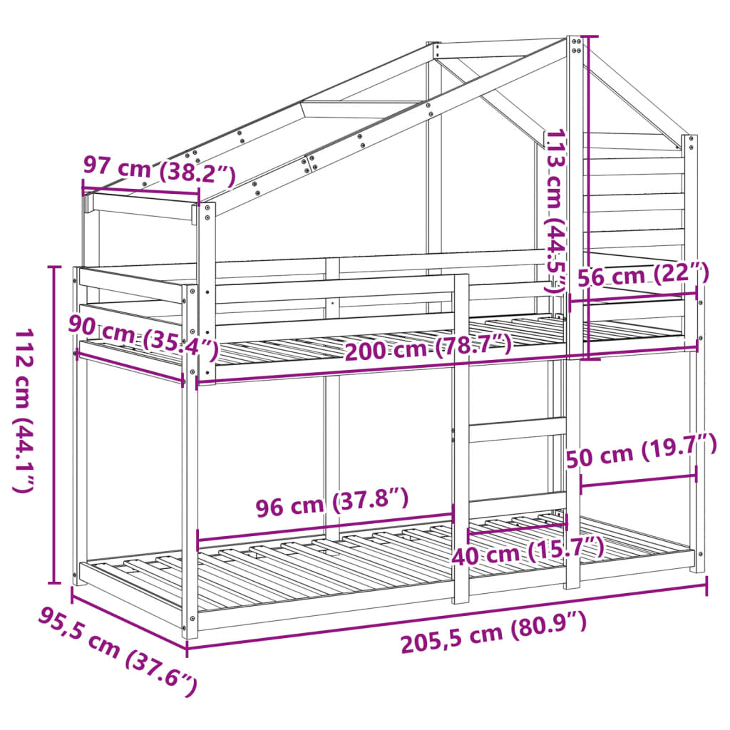 vidaXL Poschodová posteľ so strechou voskovohnedá 90x200 cm borovica