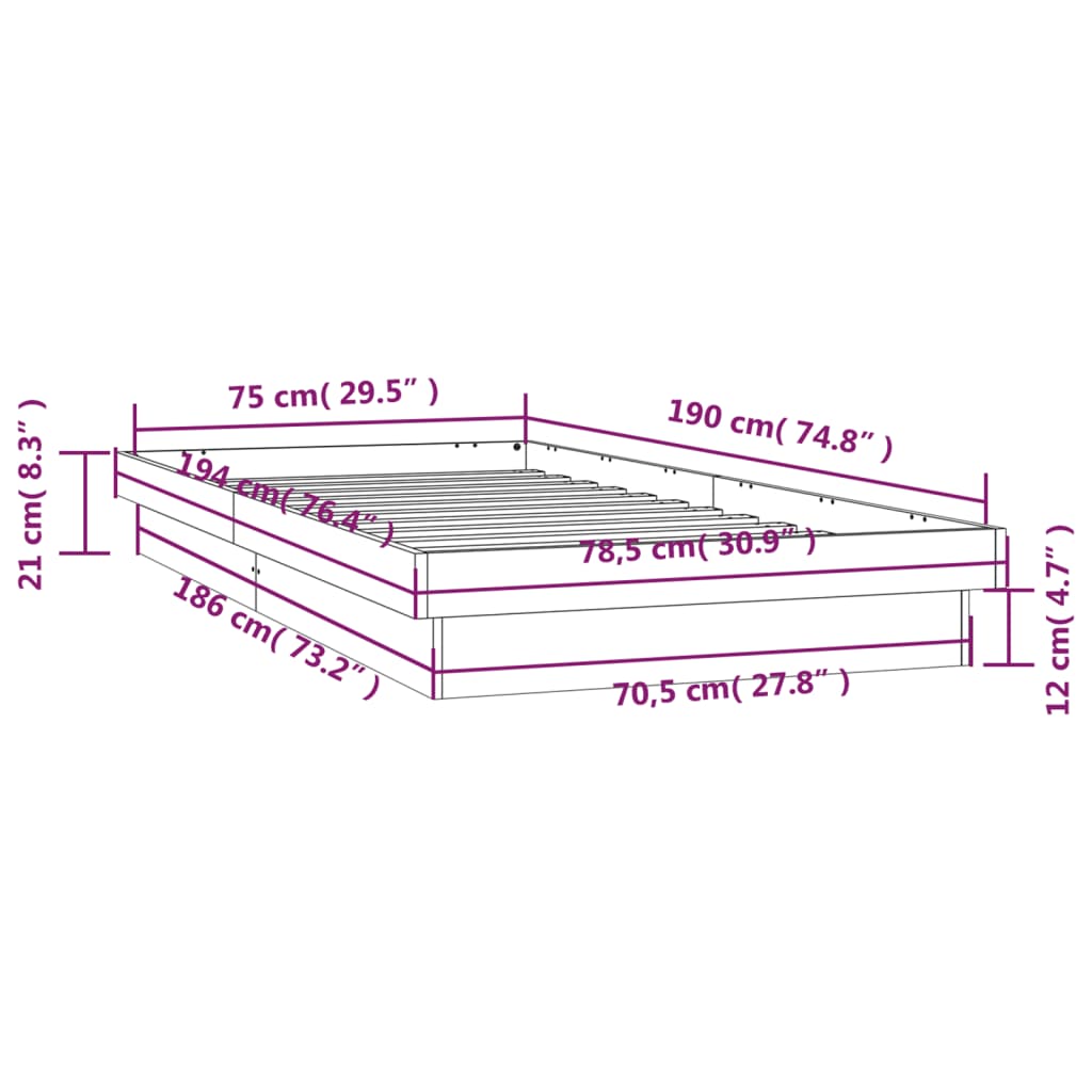 vidaXL Posteľný rám s LED 75x190 cm malé jednolôžko masívne drevo