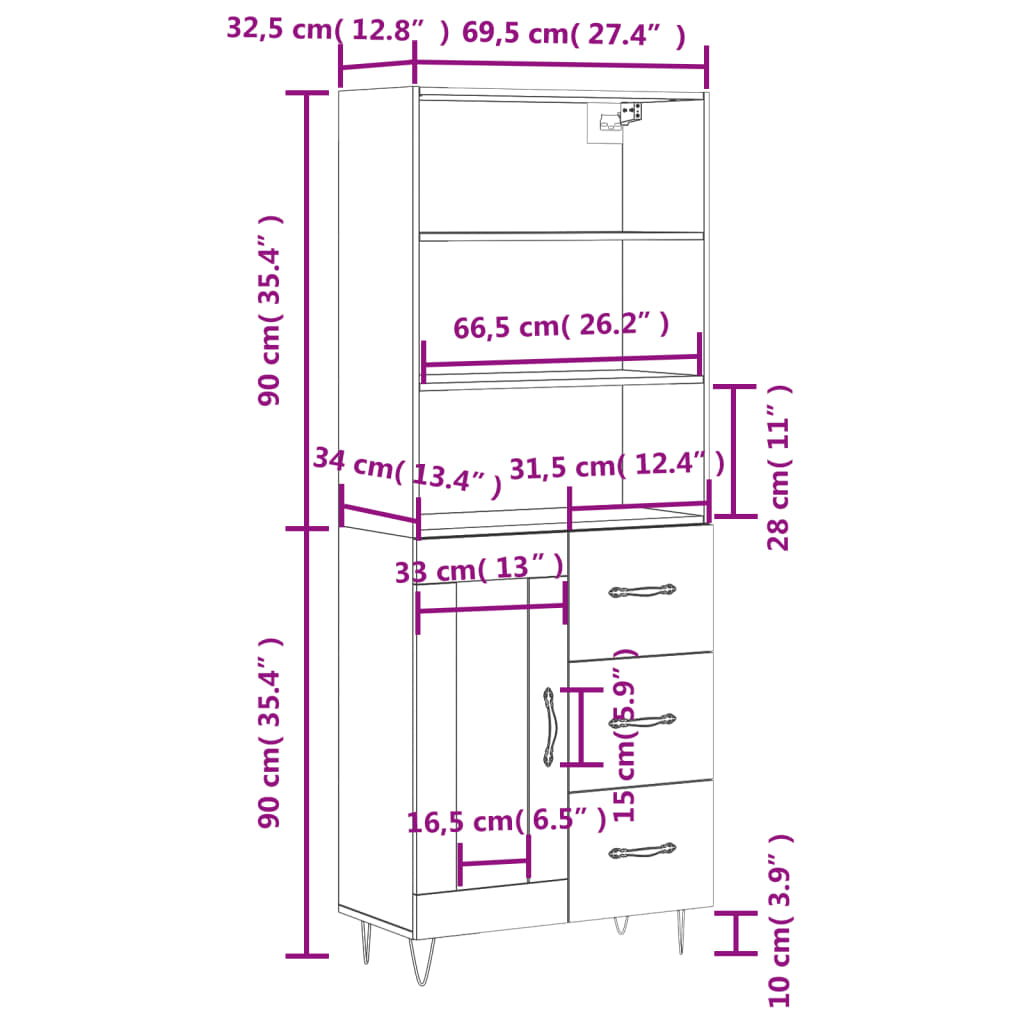 vidaXL Vysoká skrinka biela 69,5x34x180 cm spracované drevo