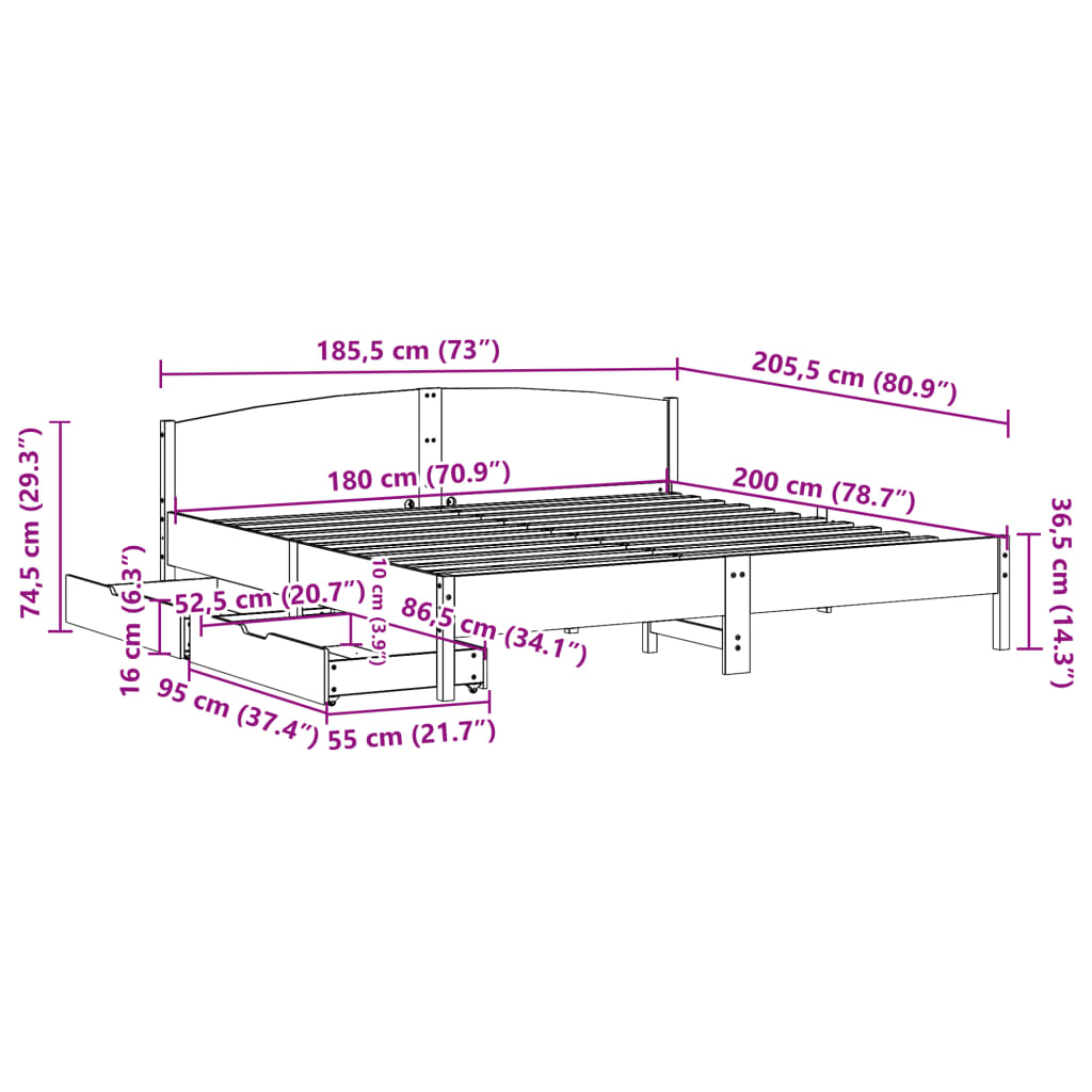 vidaXL Posteľ bez matraca 180x200 cm masívna borovica