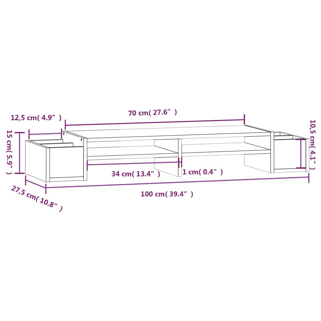 vidaXL Stojan na monitor sivý 100x27,5x15 cm masívna borovica