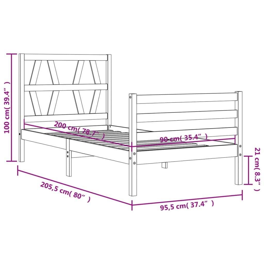 vidaXL Posteľný rám s čelom biely 90x200 cm masívne drevo