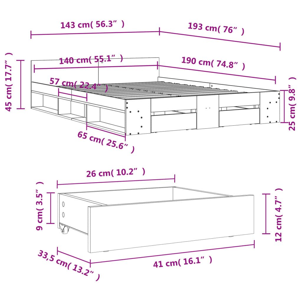 vidaXL Posteľný rám so zásuvkami betónovosivý 140x190cm kompozit.drevo