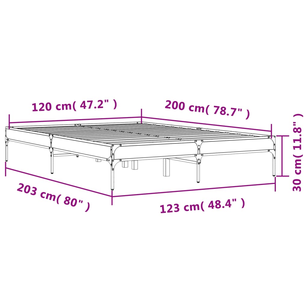 vidaXL Posteľný rám dymový dub 120x200 cm kompozitné drevo a kov