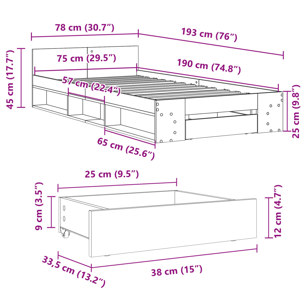 vidaXL Posteľný rám so zásuvkou betónovosivý 75x190 cm kompozit.drevo