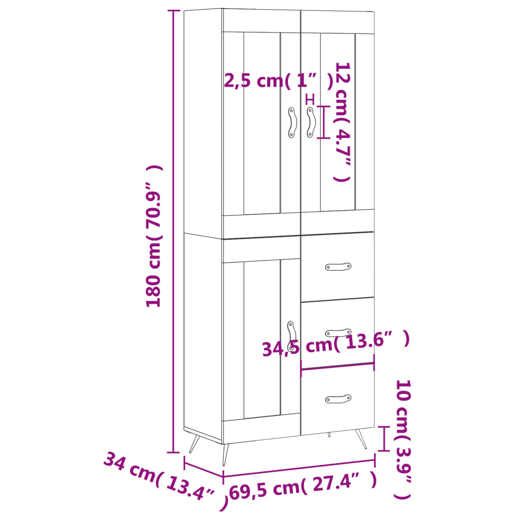 vidaXL Vysoká skrinka čierna 69,5x34x180 cm spracované drevo