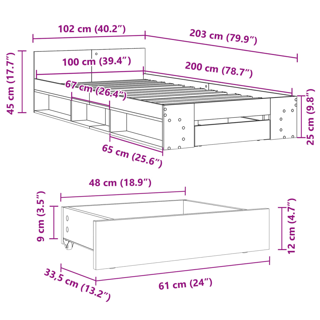 vidaXL Posteľný rám so zásuvkou sivý sonoma 100x200 cm kompozit. drevo