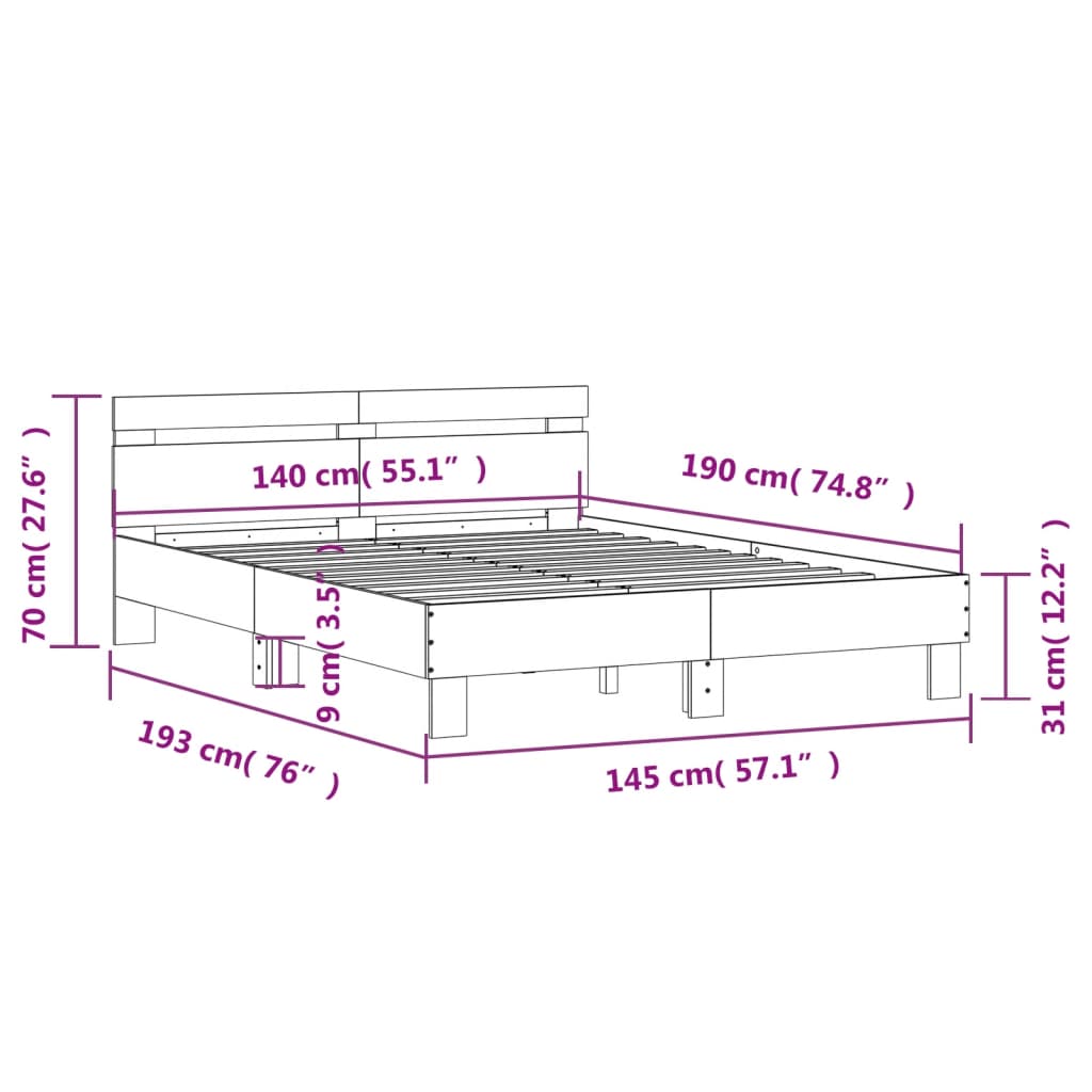 vidaXL Posteľný rám s čelom dymový dub 140x190 cm kompozitné drevo