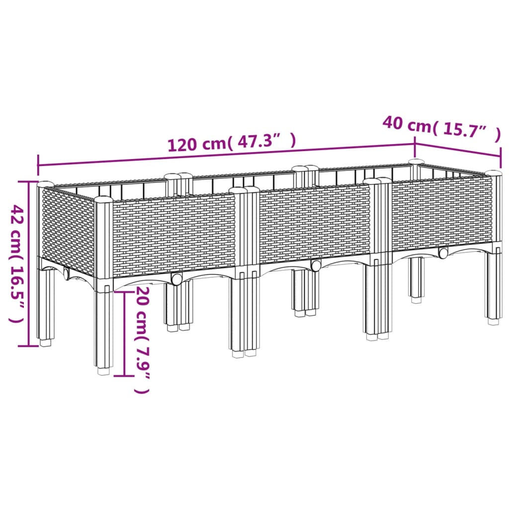 vidaXL Záhradný kvetináč s nohami hnedý 120x40x42 cm PP