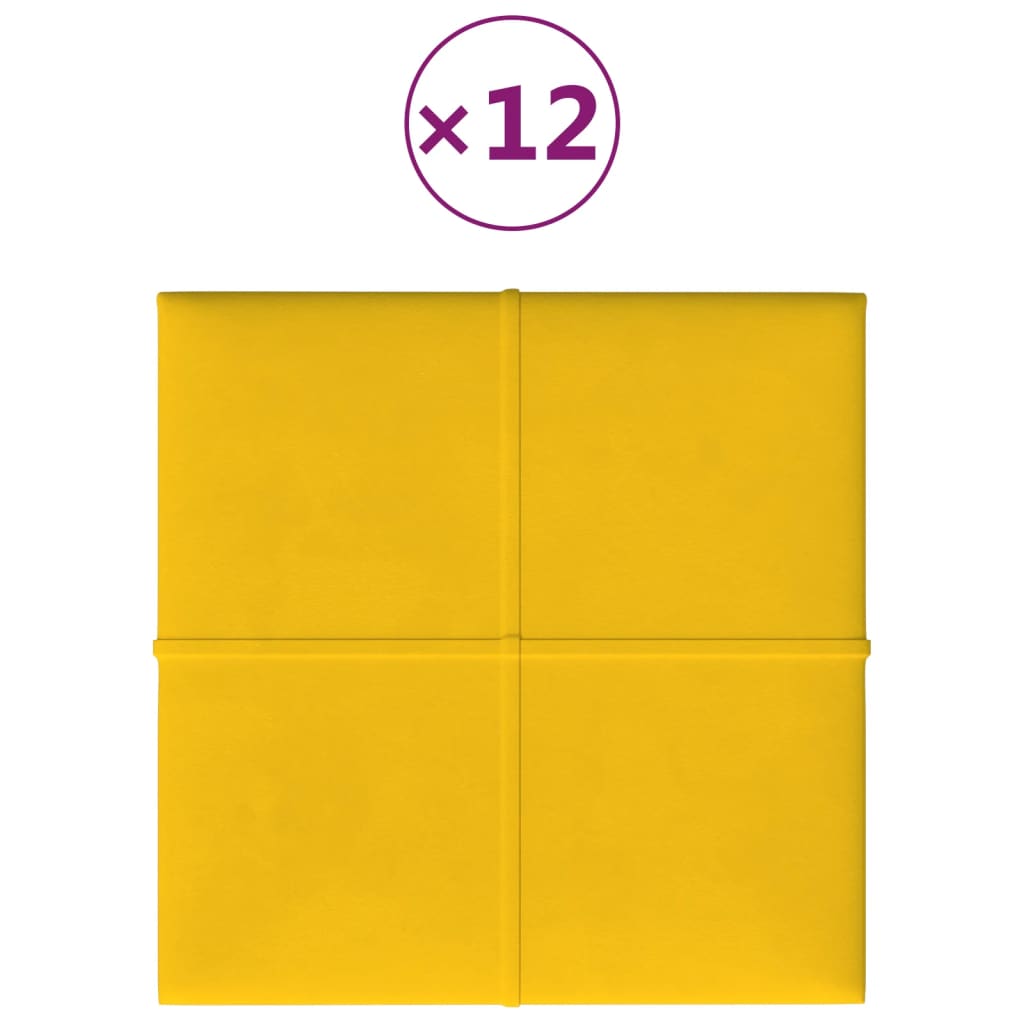 vidaXL Nástenné panely 12 ks žlté 30x30 cm zamatové 1,08 m²