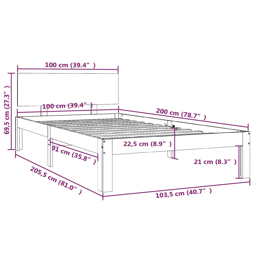 vidaXL Posteľný rám medovohnedý borovicový masív 100x200 cm