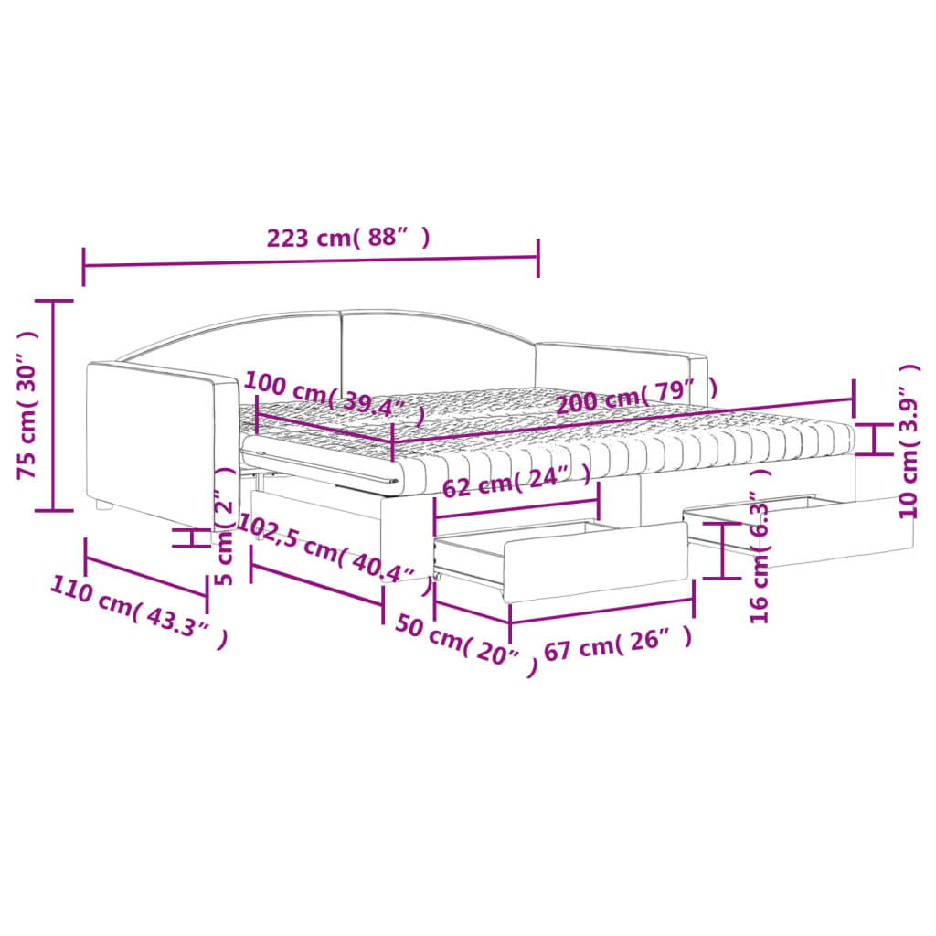 vidaXL Rozkladacia denná posteľ so zásuvkami krémová 100x200 cm látka