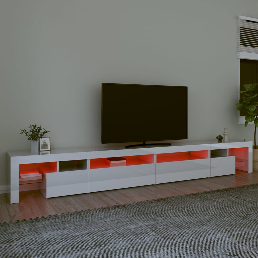 vidaXL TV skrinka s LED svetlami lesklá biela 290x36,5x40 cm