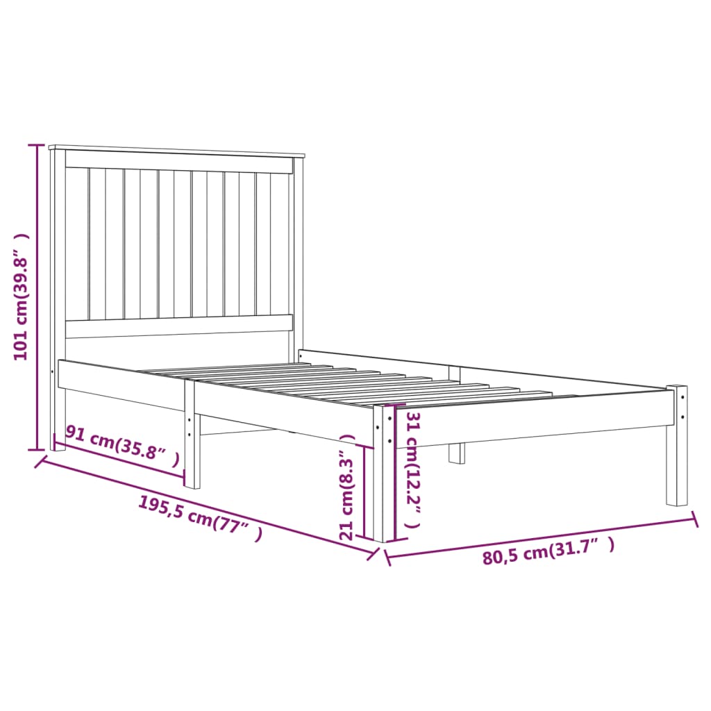 vidaXL Posteľný rám čierny borovicový masív 75x190 cm malé jednolôžko