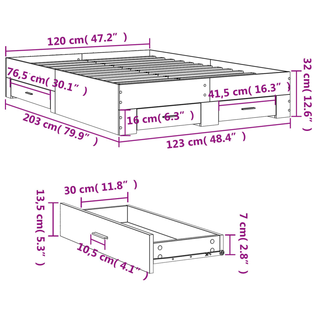 vidaXL Posteľný rám so zásuvkami sivý sonoma 120x200cm kompozit. drevo