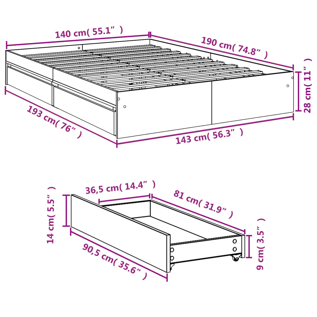 vidaXL Posteľný rám so zásuvkami dub sonoma 140x190cm kompozitné drevo