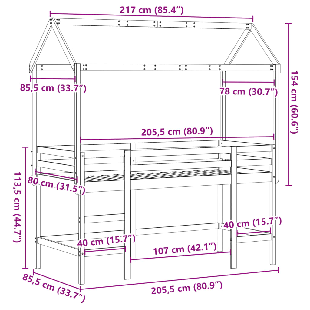 vidaXL Vyvýšená posteľ rebrík strecha 80x200 cm masívna borovica