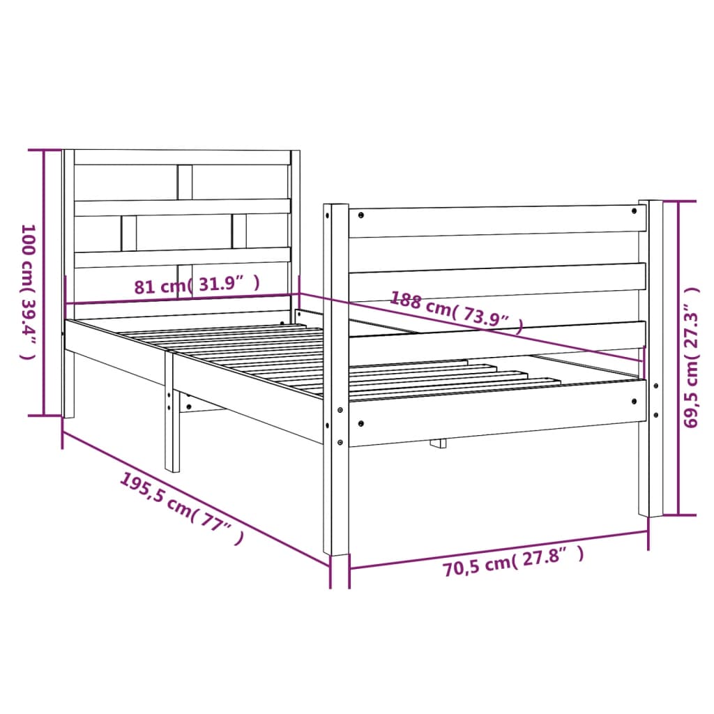 vidaXL Posteľný rám čierny 75x190 cm malé jednolôžko masívne drevo