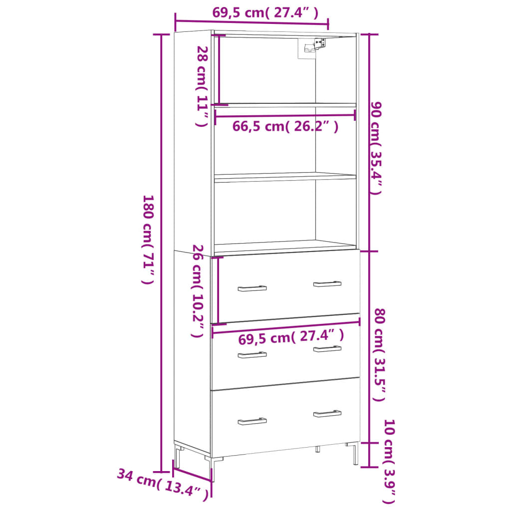 vidaXL Vysoká skrinka biela 69,5x34x180 cm spracované drevo