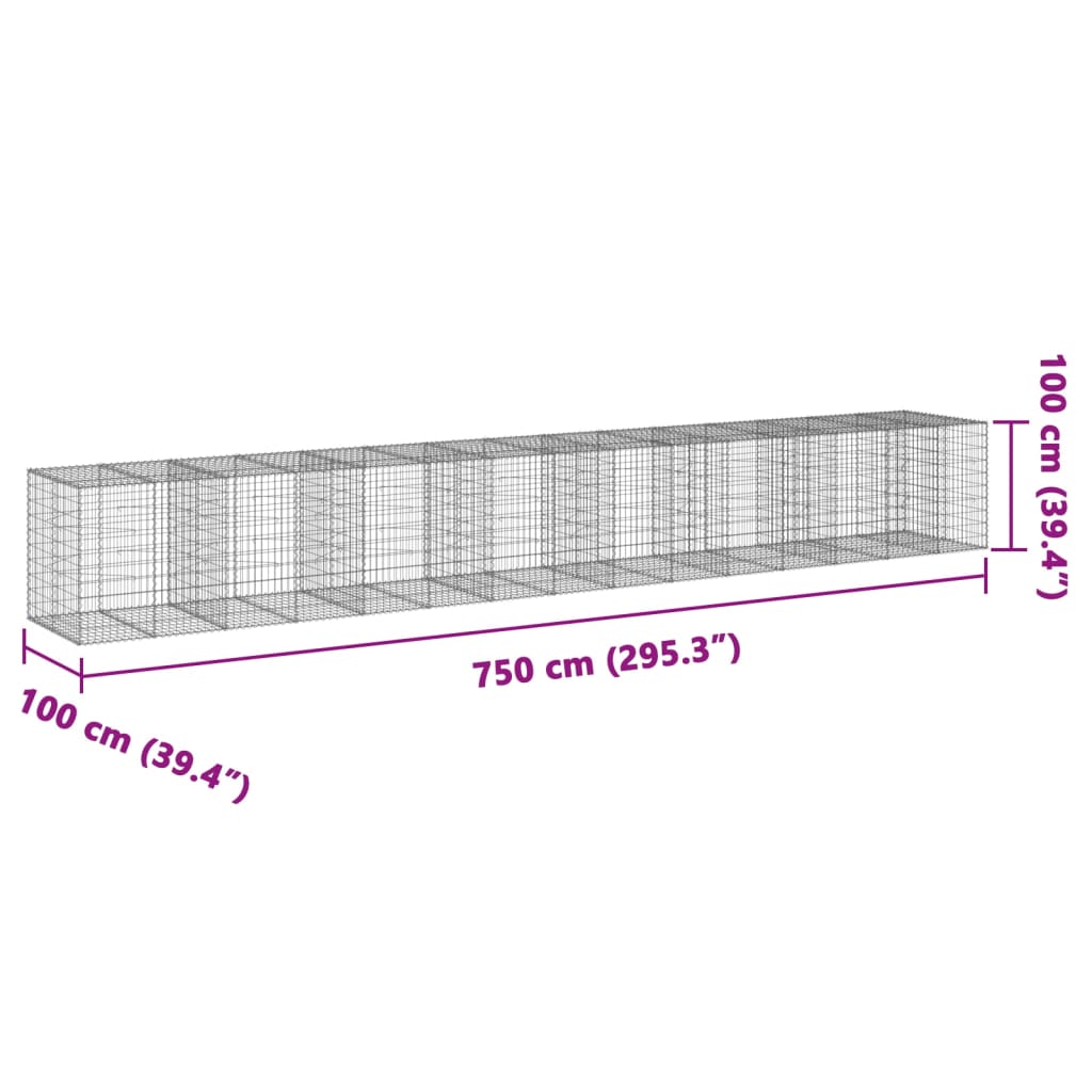 vidaXL Gabiónový kôš s krytom 750x100x100 cm pozinkované železo